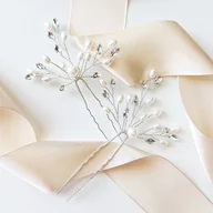 Ozdoby do włosów - Zestaw dwóch kokówek spinek srebrnych z perełkami i cyrkoniami ślubne boho - miniaturka - grafika 1