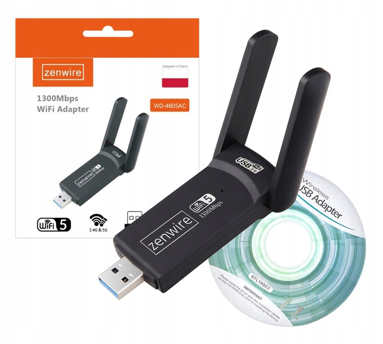 Adapter Karta Sieciowa USB 3.0 WiFi 1300Mb Zewnętrzna 5Ghz Zenwire WD-4605AC 3875652