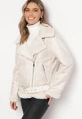Kurtki damskie - Jasnobeżowa Kurtka Pilotka z Asymetrycznym Zapięciem i Futerkiem Simuna - miniaturka - grafika 1