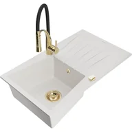 Zlewozmywaki z baterią - Mexen Cesar zlewozmywak granitowy 1-komorowy z ociekaczem i baterią kuchenną Aster, biały - miniaturka - grafika 1