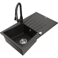 Zlewozmywaki z baterią - Mexen Cesar zlewozmywak granitowy 1-komorowy z ociekaczem i baterią kuchenną Elia, czarny/złoty metalik - miniaturka - grafika 1
