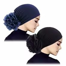 Damski Turban Czepek na Głowę Czarny i Granat z Kwiatem 2szt.
