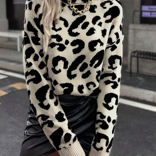 TEMU Elegancki Sweter Damski w Czarno-Biały Wzór Lamparczy - Z Golfem i Opadającym Ramieniem, Długim Rękawem na Jesień i Zimę, Przytulny Pulower z - Swetry damskie - miniaturka - grafika 1