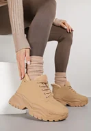 Botki damskie - Jasnobrązowe Traperki Sneakersy Vices na Grubej Tłoczonej Platformie Typu Traperki Narrise - miniaturka - grafika 1
