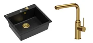 Zlewozmywaki z baterią - Quadron Unique Zlewozmywak granitowy jednokomorowy 57*50*22 cm MORGAN 110 PURE CARBON z syfonem Push-2-Open w kolorze złotym z baterią ANGELINA Q LINE z wyciąganą wylewką kolor złoty - miniaturka - grafika 1