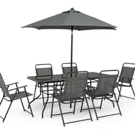 Meble ogrodowe - Zestaw stół i 6 krzeseł ze stali i tkaniny tekstylnej z parasolem i blatem ze szkła hartowanego. Antracyt. - miniaturka - grafika 1