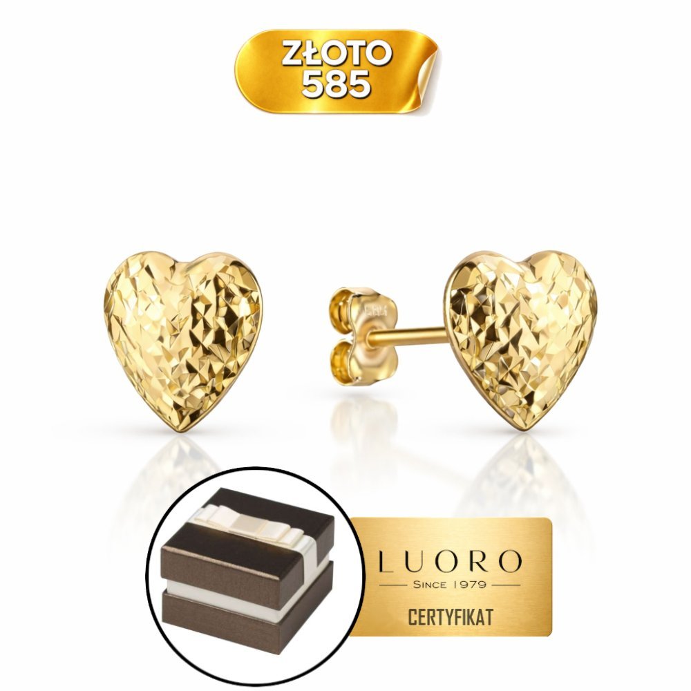 KOLCZYKI ZŁOTE 585 14K SERCA DIAMENTOWANE DUŻE SZTYFT 7 MM PREZENT