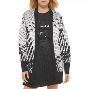 DKNY Damski sweter z otwartym przodem, z zamkiem błyskawicznym, Black/Ivory/Flint Heather Grey, XS - Swetry damskie - miniaturka - grafika 1