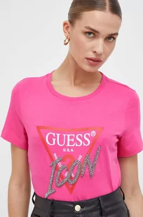 Guess t-shirt bawełniany damski kolor różowy - Koszulki sportowe damskie - miniaturka - grafika 1