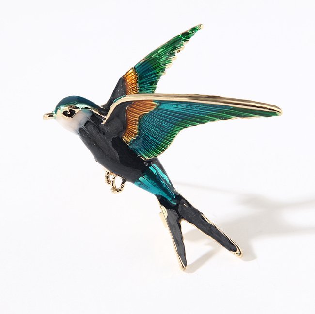 Broszka jaskółka luksusowa przypinka ozdobna zielono-czarny