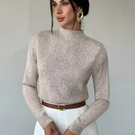 Swetry damskie - TEMU Elegancka Bluzka Damska w Stonowanym Szarym Kolorze – Sweterowa Kurtka z Wysokim Kołnierzem, Luźny Fason, Jednokolorowa, Całoroczna Odzież - miniaturka - grafika 1