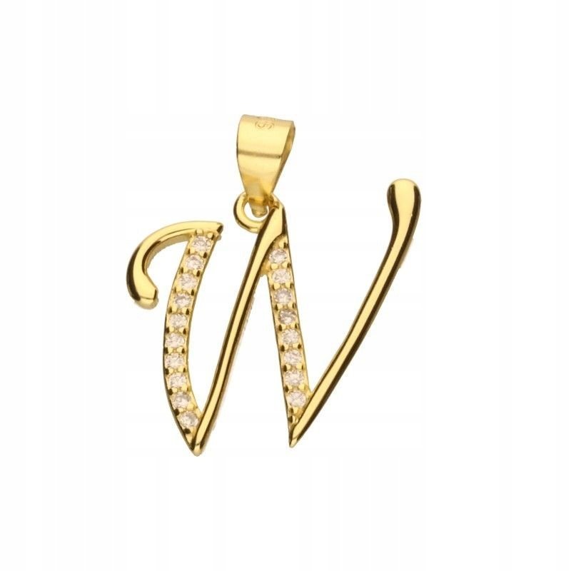Kobieca Zawieszka Literka W Srebro 925 Pozłacane Cyrkonie Białe 15x18mm