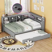 Łóżka - Łóżko wysuwane 140 x 200 cm + 90 x 190 cm z portem USB i regałem na książki - Drewno lite - Szary (bez materaca) - miniaturka - grafika 1