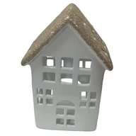 Ozdoby bożonarodzeniowe - Ceramiczny domek z brokatowym dachem 21 cm biało-złoty - miniaturka - grafika 1