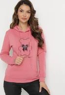 Bluzy damskie - Różowa Klasyczna Bluza z Polarem i Kapturem Wkładana Przez Głowę i Ozdobiona Nadrukiem Lettora - miniaturka - grafika 1