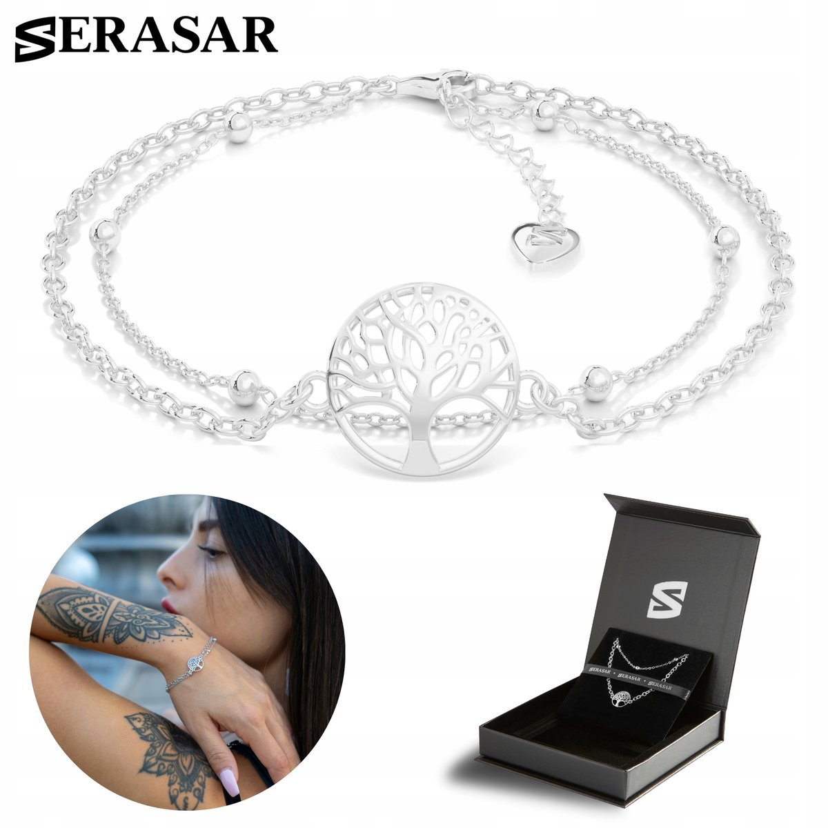 SERASAR, Bransoletki ze srebra próby 925 dla kobiet z powłoką z 18-karatowego prawdziwego złota, „Life”, regulowana długość, kolor srebrny, w zestaw..
