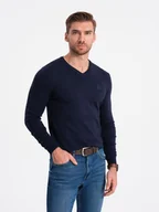 Swetry męskie - Elegancki sweter męski BASIC V-neck z wiskozą - granatowy V22 OM-SWBS-0107 (NAVY) - Ombre Clothing - miniaturka - grafika 1