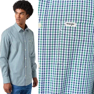 Wrangler 1 POCKET SHIRT Green Navy BAWEŁNIANA KOSZULA W DROBNĄ KRATĘ S - Koszule męskie - miniaturka - grafika 1