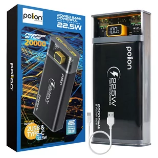 Powerbank POLION 22.5W 20000mAh USB-C 2xUSB-A PD3.0 QC 3.0 LED Kabel szary | zestaw - Powerbanki - miniaturka - grafika 1