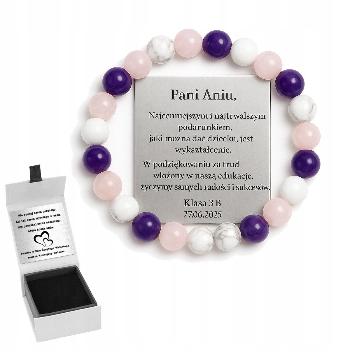 BRANSOLETKA DAMSKA NATURALNE KAMIENIE AMETYST BIAŁY HOWLIT RÓŻOWY KWARC