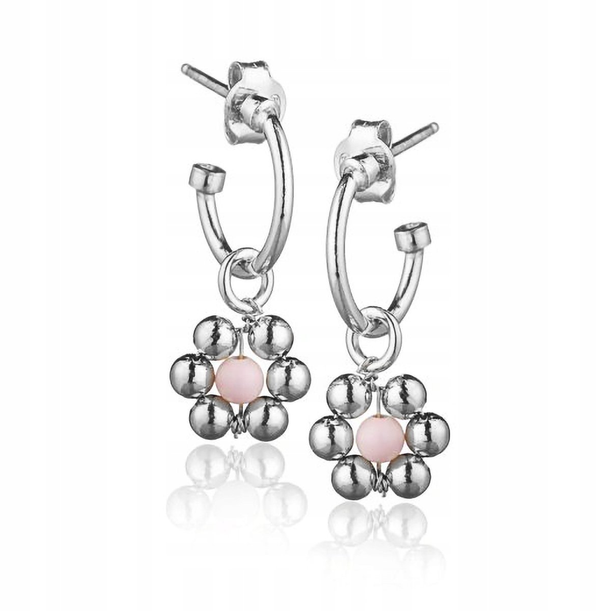 Kolczyki srebro 925 Eleganckie Rodowane Kwiatki z Różowym Kamieniem Prezent