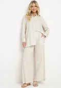 Komplety damskie - Beżowy Komplet z Wiskozy Koszula na Guziki Szerokie Spodnie z Gumką w Pasie Tinasiam - miniaturka - grafika 1