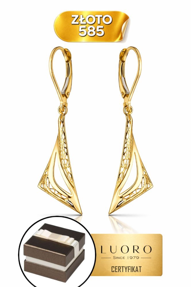 KOLCZYKI ZŁOTE 585 14K TRÓJKĄTY AŻUROWE DŁUGOŚĆ 3,5 CM ELEGANCKIE