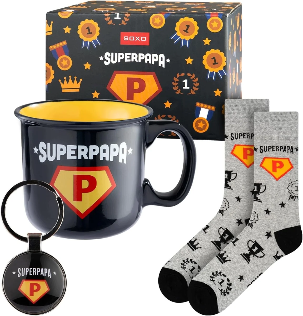 Skarpetki SOXO Super Papa 40-45 z kubkiem i brelokiem prezent dla taty