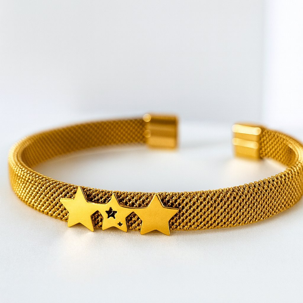 Bransoletka STARRY NIGHT - złoty mesh z trzema gwiazdkami