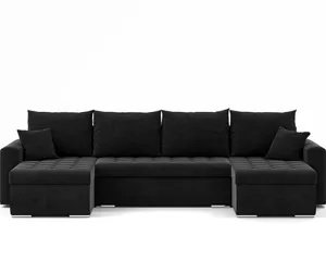 Narożnik Luis, narożnik U-kształt, sofa, kanapa, z funkcją spania, pojemnik na pościel, dekoracyjne pikowanie, meble tapicerowane, Storm 99, czarny