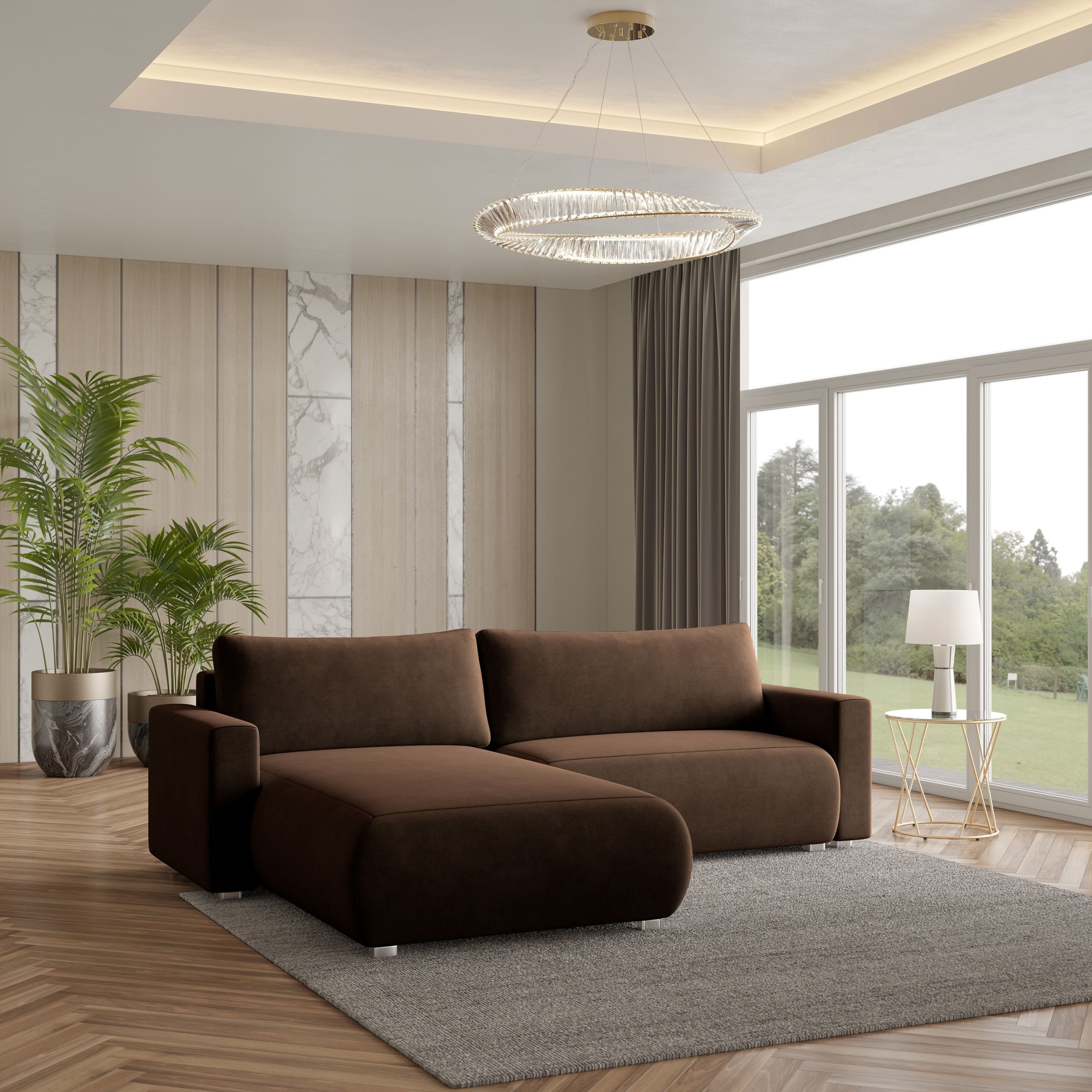 Masseno Narożnik TURIN M z funkcją spania i pojemnikiem na pościel Kształt L, Rozkładana sofa, Rogówka - Brązowy, MONOLITH 29