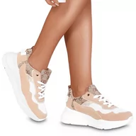 Sneakersy damskie - Buty Damskie Sneakersy Sportowe na Platformie Farini Beżowe 40 - miniaturka - grafika 1