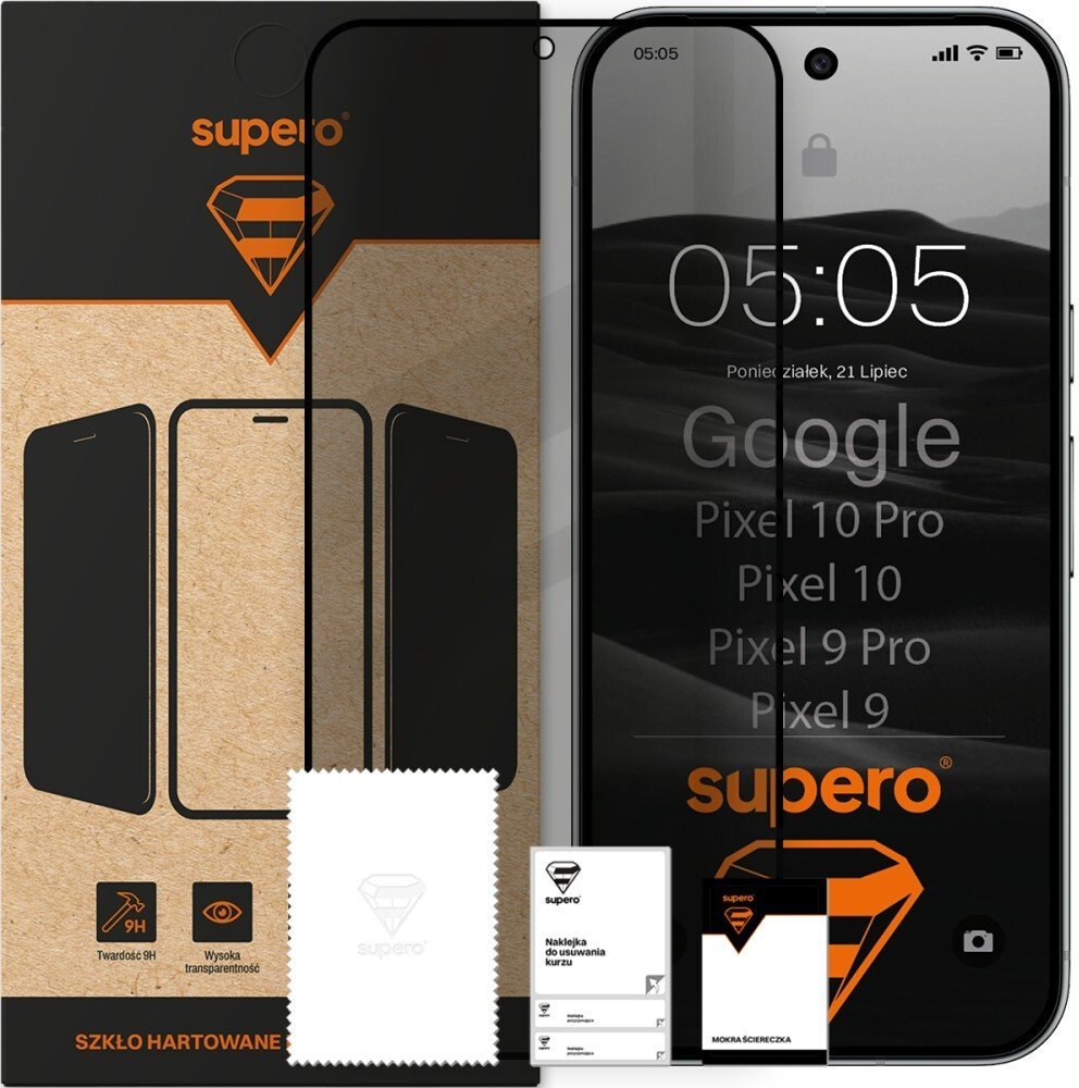 SUPERO Szkło hartowane do Google Pixel 10 / 10 Pro / 9 / 9 Pro, prywatności z czarną ramką