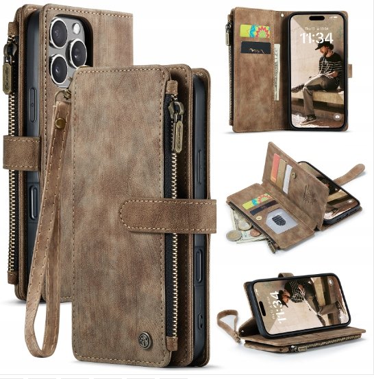 Etui Skórzane Z Klapką Portfel Premium Magnes Caseme iPhone 16 Brąz