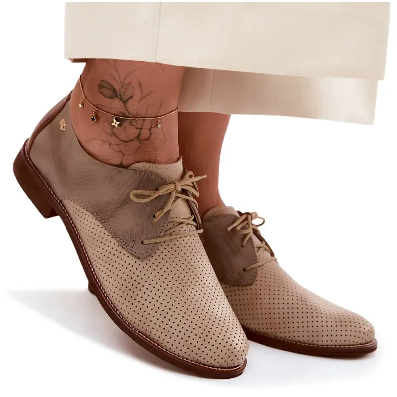 Skórzane Półbuty Damskie Eleganckie Sznurowane Zazoo 4238 Beżowo-Brązowe 37