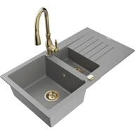 Zlewozmywaki z baterią - Mexen Matias zlewozmywak granitowy 1,5-komorowy z ociekaczem i baterią kuchenną Savita, szary - miniaturka - grafika 1
