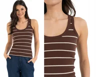 Koszule damskie - Bluzka Koszulka Damska Bokserka w Paski Prążkowana Bawełna BRĄZOWA MORAJ M - miniaturka - grafika 1