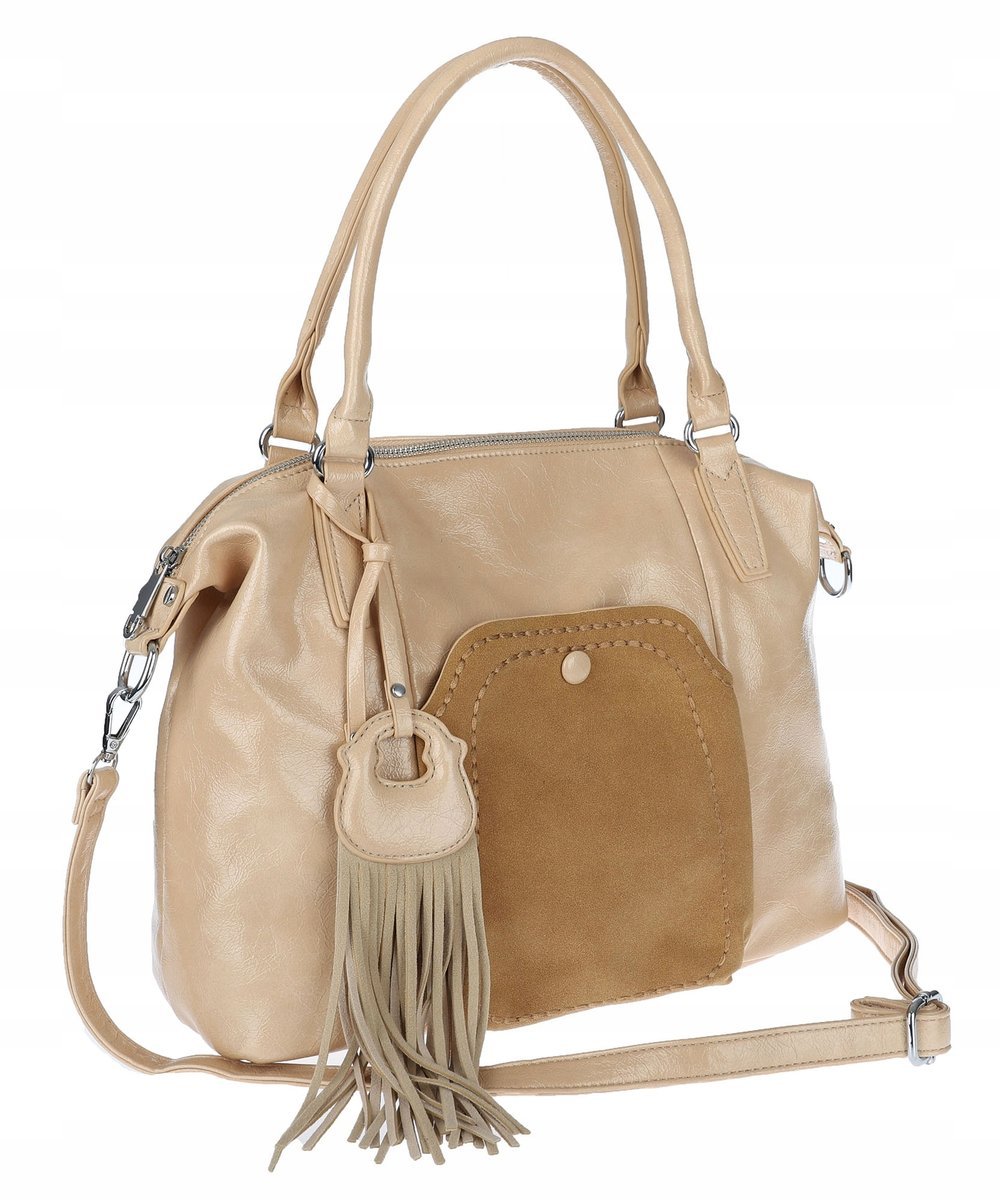 Torebka damska kuferek z eko skóry shopper z frędzlami pasek MC688 Beżowa