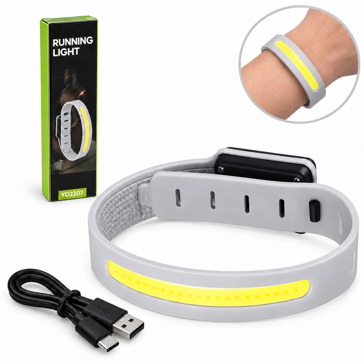 OPASKA LED DO BIEGANIA ŚWIATŁO COB NA RĘKĘ RAMIĘ ŁADOWANA USB-C 3 TRYBY