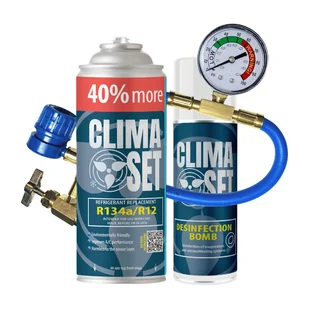 Gaz do klimatyzacji ClimaSet R134a 626 g, z przewodem z manometrem i odświeżaczem do klimatyzacji - Serwis klimatyzacji - miniaturka - grafika 1