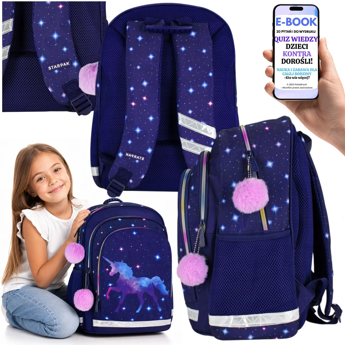 PLECAK SZKOLNY KLASA 1-3 dla Dziewczynki UNICORN Jednorożec A4 + E-BOOK-2