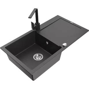 Mexen Leo zlewozmywak granitowy 1-komorowy z ociekaczem i baterią kuchenną Rita, czarny nakrapiany - Zlewozmywaki z baterią - miniaturka - grafika 1
