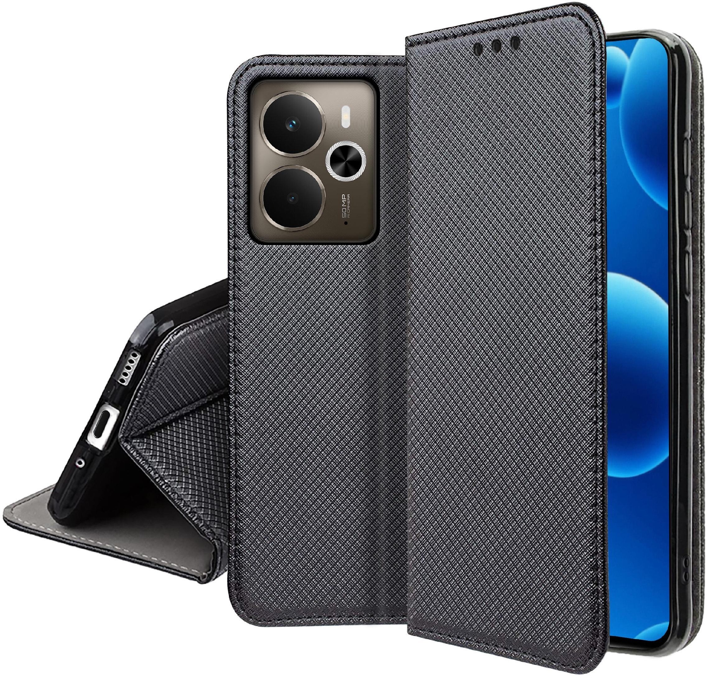 Etui z klapką do Realme 14 5G Zamykane Czarne Futerał + Szkło 9H