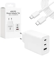 Ładowarki do telefonów - ECOBOX ŁADOWARKA SIECIOWA 65W BIAŁE 2xTYP-C ORAZ USB-A + KABEL USB PD TYP-C DO TYP-C 3A BIAŁY 1M - miniaturka - grafika 1