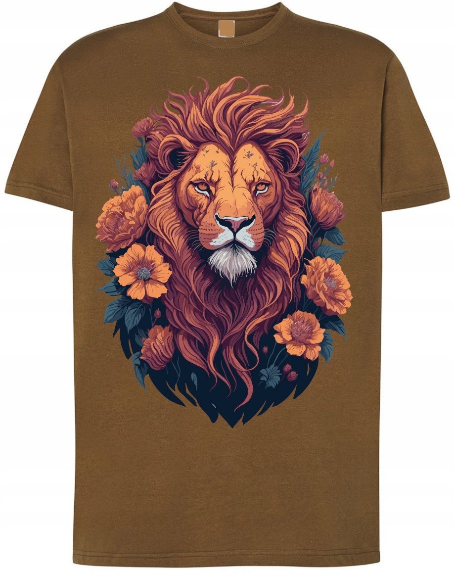 Męski T-shirt Lew Kwiaty Modny Nadruk Cudowny r.S