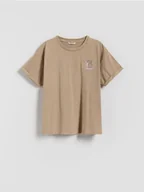 Koszulki dla dziewczynek - Reserved - T-shirt z nadrukiem i haftem - beżowy - miniaturka - grafika 1