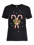 Koszulki i topy damskie - ONLY Damski T-shirt 'Onlxmas Yrsa' Boże Narodzenie Reg S/S Top JRS, Czarny/nadruk: laska cukierkowa, S - miniaturka - grafika 1