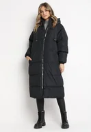 Kurtki damskie - Czarna Długa Kurtka Pikowana Płaszcz na Zamek z Kapturem Lesea - miniaturka - grafika 1