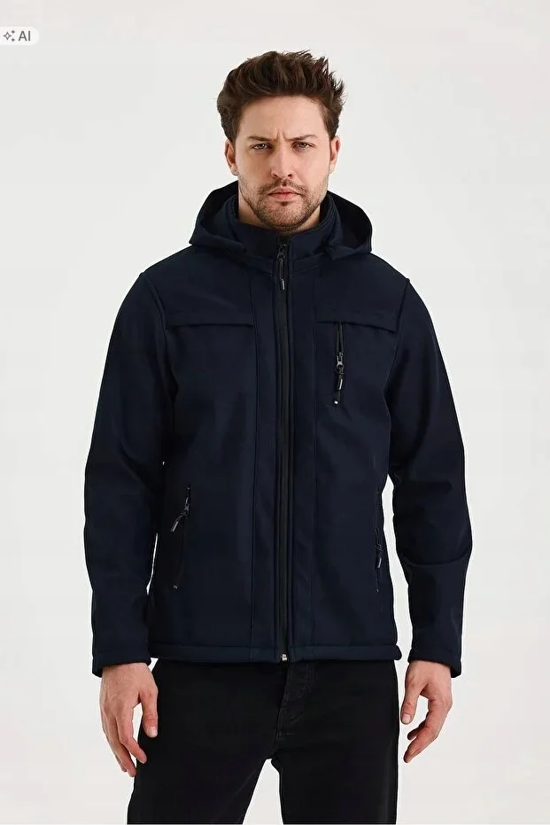 MĘSKA KURTKA SOFTSHELL Z KAPTUREM SPORTOWA GRANATOWA L 5IA