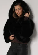 Płaszcze damskie - Czarna Futrzana Kurtka z Nieodpinanym Kapturem Zetena - miniaturka - grafika 1